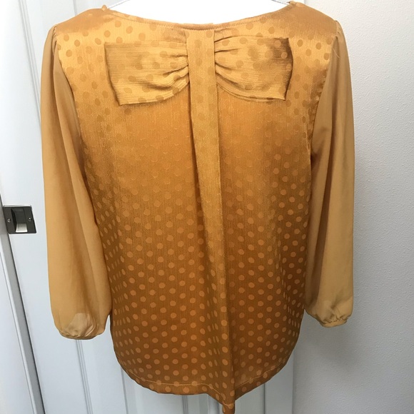 CHLOE K Mustard Yellow Satin Polka Dot Bow Blouse M - Picture 4 of 6